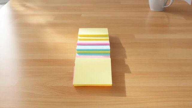 Colorful sticky notes organizing into a neat stack on a desk
