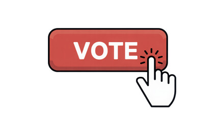 White cursor hand clicks a vibrant red vote button with bold white text on a simple black background representing democratic action and public involve