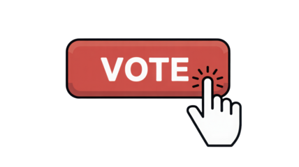 White cursor hand clicks a vibrant red vote button with bold white text on a simple black background representing democratic action and public involve