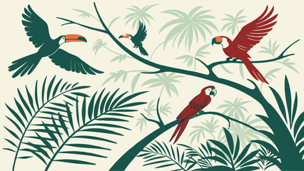 Fototapeta premium Vibrant Tropical Rainforest Scene with Toucans and Red Macaws Perched on Lush Jungle Branches for Travel Web Design or Nature Backgrounds