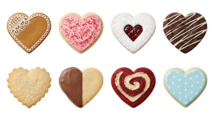 Heart shaped cookie set including gingerbread, linzer, frosted, chocolate, red velvet, and sugar varieties isolated. Valentine's Day dessert and bakery pastry collection.
