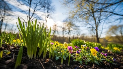 Fresh spring grass and colorful viola flowers growing in garden bed. Renewal and natural beauty concept for Easter and gardening.
