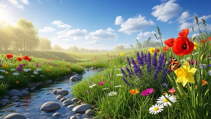 Colorful wildflower field with a winding stream under a sunny sky. Idyllic spring landscape for nature and seasonal concept.
