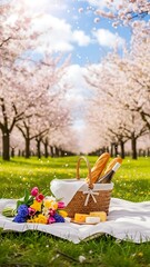 Picnic basket with flowers on white blanket in park with blooming cherry trees. Spring celebration and outdoor meal concept.