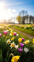 Colorful spring flowers growing in a meadow with a path at sunrise. Spring landscape for greeting card or postcard.