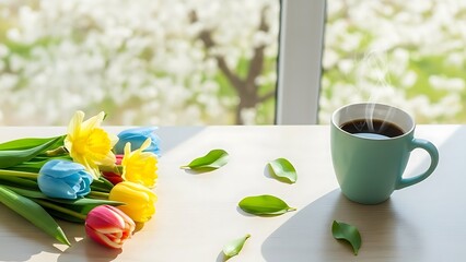 Steaming cup of coffee with vibrant spring flowers on table. Cozy morning scene with blooming plants, perfect for spring holiday.