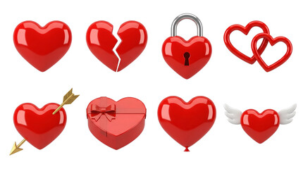 Red glossy heart set including broken, locked, winged, and gift box variants isolated. Valentines day and romantic love symbol collection.