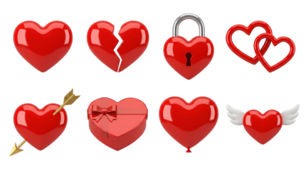 Red glossy heart set including broken, locked, winged, and gift box variants isolated. Valentines day and romantic love symbol collection.