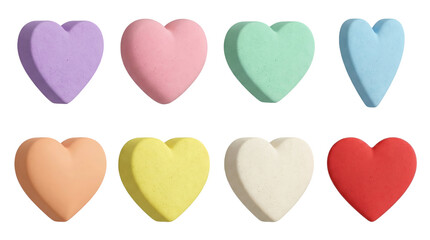 Heart candy set including purple, pink, green, blue, peach, yellow, cream, and red pieces isolated. Sweet confectionery collection for romantic and festive themes.