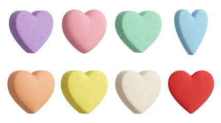 Heart candy set including purple, pink, green, blue, peach, yellow, cream, and red pieces isolated. Sweet confectionery collection for romantic and festive themes.