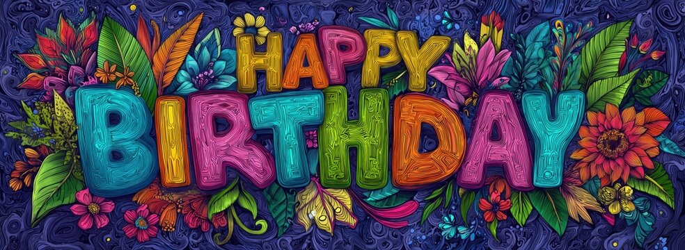 Vibrant Happy Birthday Typography with Floral Elements for Greeting Cards and Party Decor - Powered by Adobe