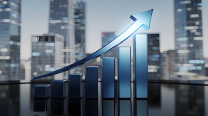 Fototapeta premium Upward Trend: A Shiny Blue Arrow Ascends Over a Growing Bar Graph Against a Backdrop of a Modern Cityscape,Symbolizing Financial Growth,Progress and Success
