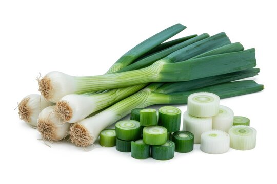 Fresh green onions whole and sliced on white background spring onions scallions allium fistulosum