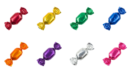 Hard candy set including red, yellow, green, blue, orange, purple, silver, and pink foil wrapped sweets isolated. Confectionery and sugar treat collection.