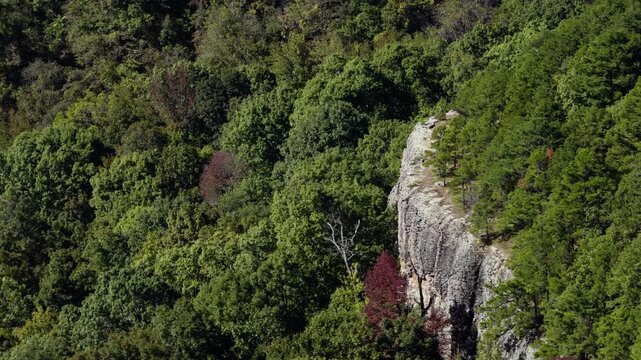 Rocky sandstone or limestone cliff bluff edge surrounded by thick Ozark hardwood forest cover, telephoto aerial, Antenna Pine Arkansas