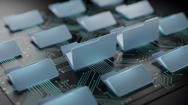 Digital File System: Folders Arranged on a Circuit Board Representing Data, Cloud Computing, and Cybersecurity in a Tech-Forward and Modern Display, 3D Render