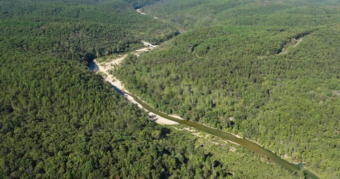 North Fork River Through Forested Hills With Dense Green Woodland In Ozark County, Missouri. aerial shot