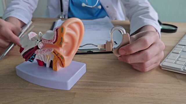 Model of human ear with hearing aid in doctor office concept