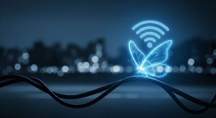 Glowing digital butterfly with wifi symbol on city power lines for connectivity