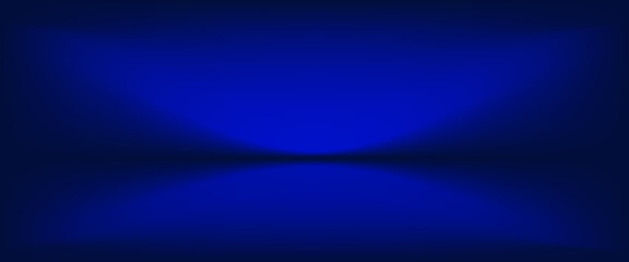 Fototapeta premium Blue studio gradient background. Abstract empty room backdrop. 3d vector cool light texture. Luxury neon lights limbo bg. Dark festive color bg. Modern photo studio spotlight glow podium gradation
