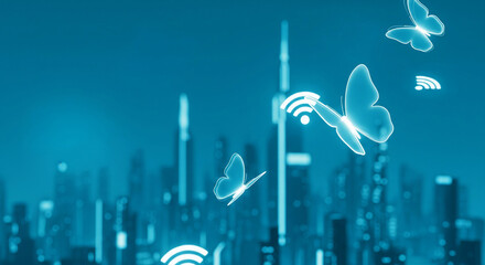 Ethereal butterflies with wifi icons flying over digital smart city skyline