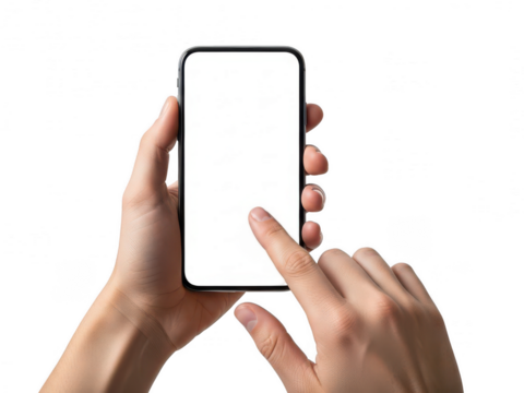 Hand holding smartphone isolated on transparent background - Powered by Adobe