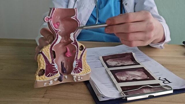 Anatomical model of rectum with hemorrhoids in clinic concept