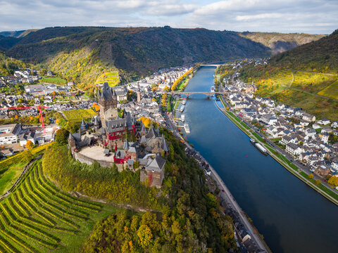 Aerial view of Reichsburg castle at Cochem town with at the moselle river in Germany. Europe