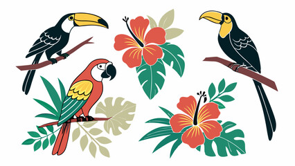 Fototapeta premium Tropical Toucan Parrot Hibiscus Flower Illustration for Summer Vacation Travel Web Design Print Projects