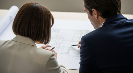 Professional architects reviewing construction blueprints in modern office