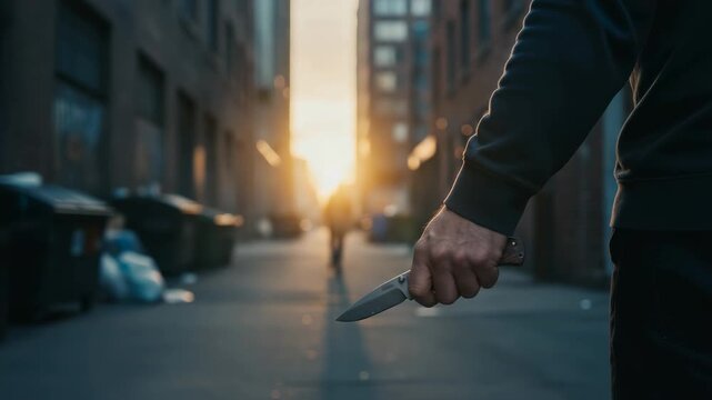 Dangerous criminal holding a knife while stalking an unsuspecting person in a dark city alleyway at sunset, ready to attack in a threatening and violent act of urban street crime