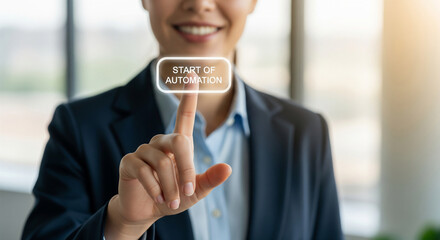 Businesswoman touching start of automation button for digital efficiency