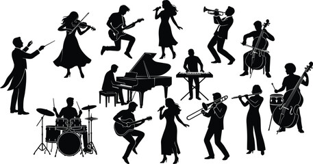 Black silhouette musicians performing with various instruments including guitar piano drums violin trumpet singer orchestra band concert music illustration jazz classical stage ensemble