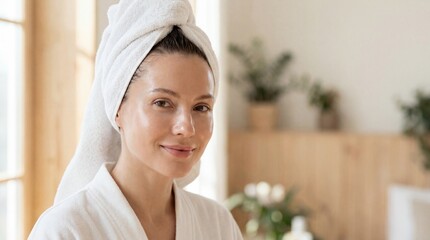 Woman with towel headwrap having healthy glowing skin
