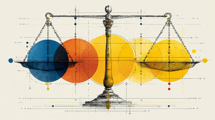 Balance axis proportional diagram illustrating judicial equilibrium through measured symmetry, calibrated reference lines, visual harmony guides, and structured balance indicators used in modern legal