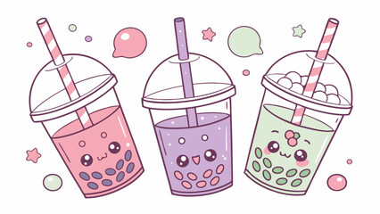 Cute Kawaii Bubble Tea Drinks Vector Illustration for Cafe Menu Design Sweet Dessert Beverage Promotion
