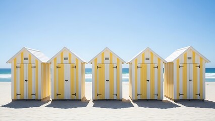 Naklejka premium Row of Yellow and White Striped Beach Huts photo stock