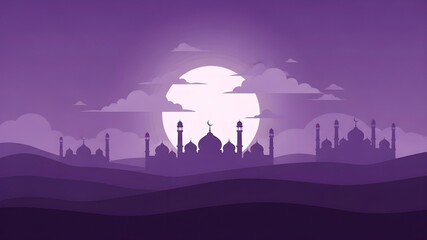 Purple Ramadan Paper Cut Landscape: Layered mosque silhouettes under a large white moon, soft purple clouds and hills, creative Islamic art, religious peace and tranquility concept