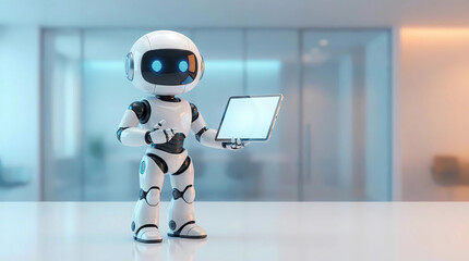 Friendly white robot holding a tablet computer in a modern office environment