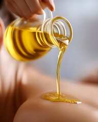 Massage therapist pouring oil on lady back, young woman enjoying spa, relaxed, getting massage, happy couple concept, with therapist, facial and spa concept, living real estate future, salon scene.