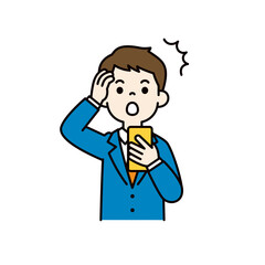 Fototapeta premium スマホ画面を見て驚く、若いビジネスマンのシンプルな上半身ベクターイラスト素材＿カラー