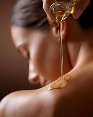 Massage therapist pouring oil on lady back, young woman enjoying spa, relaxed and happy, concept of real living, with therapist giving massage, couple estate future, wife getting facial at salon.