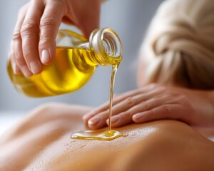 Massage therapist pouring oil on lady back, young woman enjoying spa, relaxed concept, happy wife, getting massage, therapist with real keys, living future, salon, couple singing, jogging, estate.