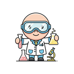 Obraz premium A cartoon scientist in a lab coat holds test tubes and works with a microscope nearby.