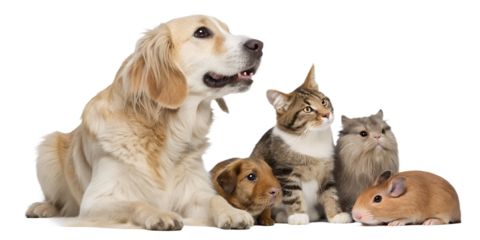 High-quality realistic group of domestic animals sitting together in a calm and friendly pose. Dogs, cats, birds and small pets are arranged side by side, looking directly at the camera. The image is 