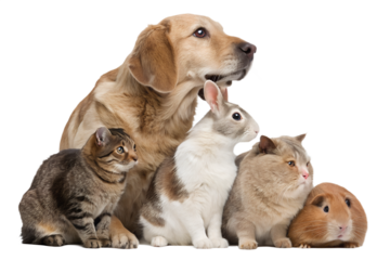 High-quality realistic group of domestic animals sitting together in a calm and friendly pose. Dogs, cats, birds and small pets are arranged side by side, looking directly at the camera. The image is 