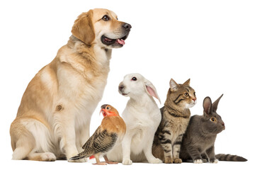 High-quality realistic group of domestic animals sitting together in a calm and friendly pose. Dogs, cats, birds and small pets are arranged side by side, looking directly at the camera. The image is 