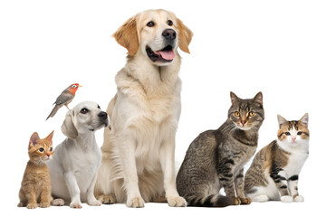 High-quality realistic group of domestic animals sitting together in a calm and friendly pose. Dogs, cats, birds and small pets are arranged side by side, looking directly at the camera. The image is 
