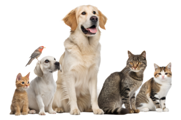 High-quality realistic group of domestic animals sitting together in a calm and friendly pose. Dogs, cats, birds and small pets are arranged side by side, looking directly at the camera. The image is 