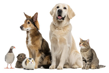 High-quality realistic group of domestic animals sitting together in a calm and friendly pose. Dogs, cats, birds and small pets are arranged side by side, looking directly at the camera. The image is 